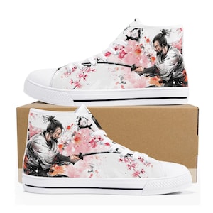 Samurai Men High Top Shoes, Japan Pink Cherry Blossoms Lace Up Sneakers Footwear Rave Canvas Streetwear White Black Guys Designer Gift