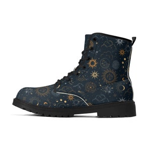 Sun Moon Men Leather Boots, Constellation Space Vegan Lace Up Shoes Hiking Festival Black Ankle Combat Work Winter Waterproof Male