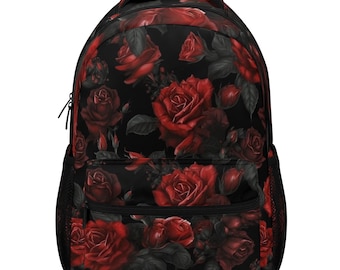 Red Roses Backpack, Dark Floral Flowers Gothic Witchy Men Women Kids Books School College Waterproof Pockets 15 Inch Laptop Travel Bag