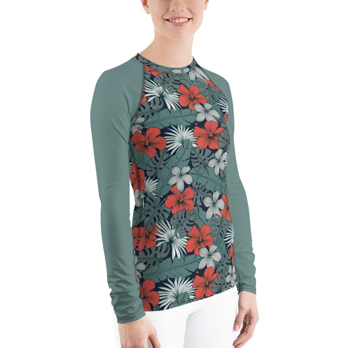 Hawaiian Flower Print Women's Rash Guard Green Print Surf Etsy