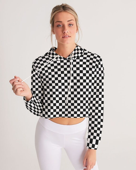 Black White Checkered Women Cropped Hoodie Racing Check Ladies Aesthetic Graphic Hooded Pullover Sweatshirt Crop Jumper Top Etsy