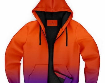 Orange Lila Ombre Zip Up Fleece gefütterter Hoodie, Tie Dye Farbverlauf Schwergewicht Vollreißverschlusstasche Männer Frauen Unisex Kapuzen-Sweatshirt-Jacke