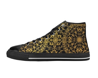 Czarne złote buty męskie, trampki Steampunk z wysoką cholewką, projektant Streetwear, unikatowe płótno barokowe, luksusowy festiwal, stylowy krawat, sznurowane, art deco