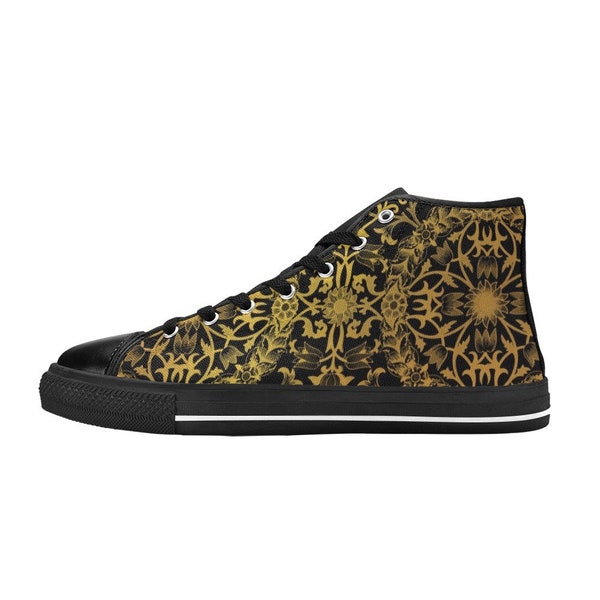 Noir Or Hommes Chaussures, Steampunk High Top Baskets Designer Streetwear Unique Baroque Toile Festival de luxe Cravate élégante Dentelle Up Art Déco