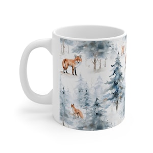Ingwer Fuchs Kaffeetasse, Winter Landschaft Wald Bäume Woodlands Schnee Niedliche Tier Kunst Keramik Tasse Tee Heiße Schokolade Einzigartige Neuheit Cooles Geschenk Bild 3