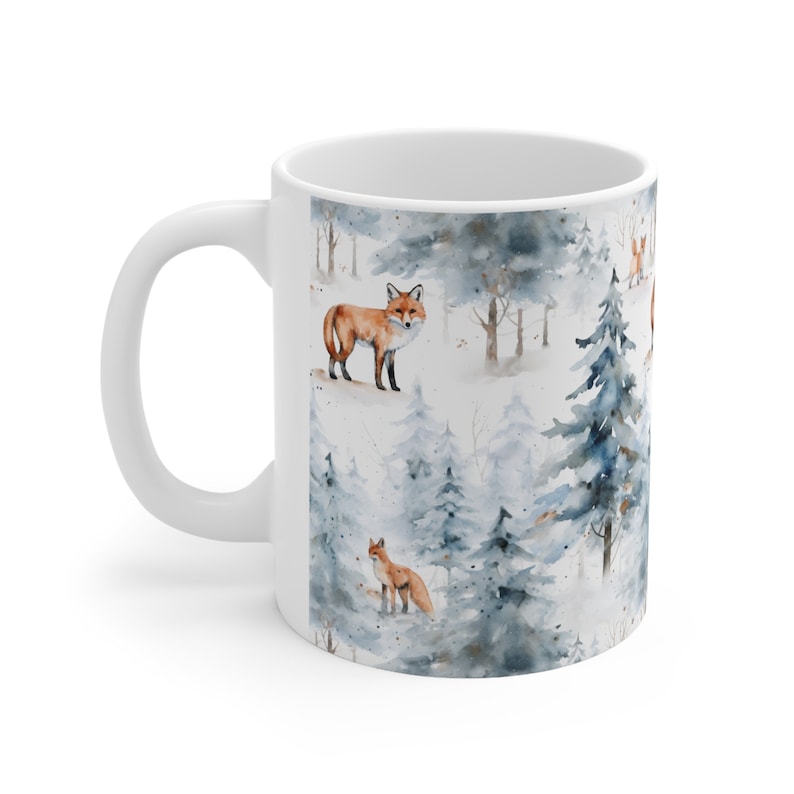 Ingwer Fuchs Kaffeetasse, Winter Landschaft Wald Bäume Woodlands Schnee Niedliche Tier Kunst Keramik Tasse Tee Heiße Schokolade Einzigartige Neuheit Cooles Geschenk Bild 3
