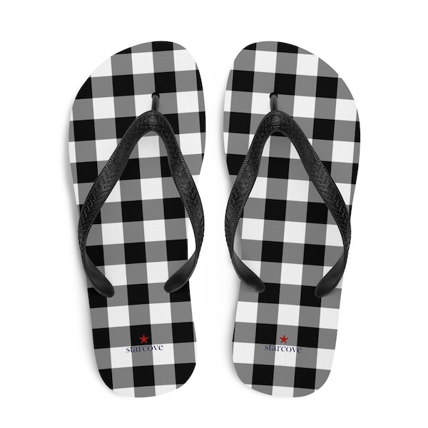 Buffalo Plaid Flip Flops, Black White Check Comfortable Footwear Thong Sandals Summer Woman Men Beach Print Rubber Shoes