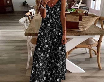 Black Floral Maxi Dress, White Flowers Long Spaghetti Straps Flowy Women Sleeveless Casual Cute Designer Elegant Plus Size Cocktail Party S / White Black Floral Maxi Dress, White Flowers Long Spaghetti Straps Flowy Women Sleeveless Casual Cute Designer Elegant Plus Size Cocktail Party S / White