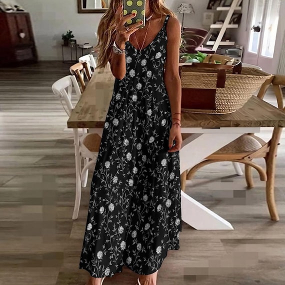 chinese dress ladies Blue Floral Print Tassel Tie V Neck Long Sleeve Flowy Maxi Dress, Maxi Modest Dress Blue / L / 100%Polyester main image 1