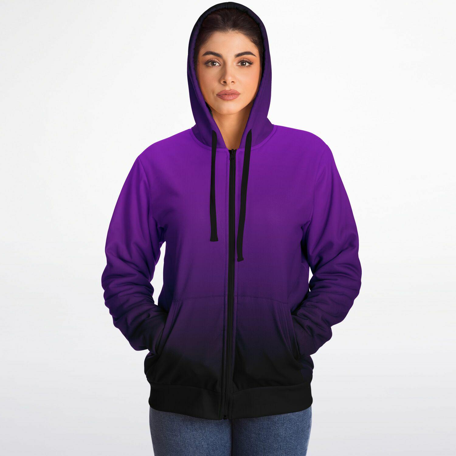 Black Purple Ombre Zip up Fleece Lined Hoodie, Gradient Tie Dye 