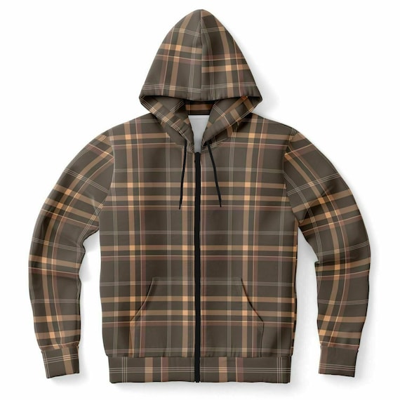 Brown Tartan Zip up Hoodie, Plaid Front Zipper Pocket Men Women Unisex  Adult Aesthetic Graphic Cotton Fleece Hooded Sweatshirt 