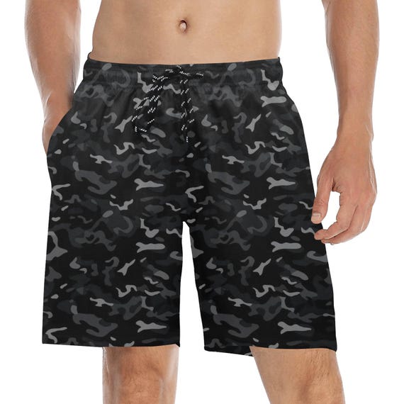 Black Camo Men Swim Trunks, 7