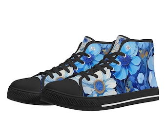 Blue Flowers Women High Top Shoes, Floral Lace Up Sneakers Footwear Canvas Streetwear Ladies Girls White Black Trainers Designer Gift