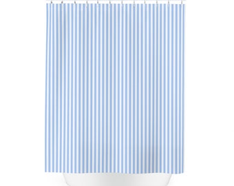 Blue Striped Shower Curtain, White French Farmhouse Fabric Unique Bath Bathroom Decor Cool Unique Home Gift 71" x 74"