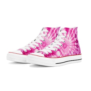 Pink Tie Dye Women High Top Shoes, Lace Up Sneakers Footwear Canvas Streetwear Ladies Girls White Designer Gift Idea
