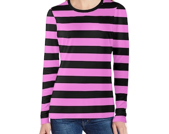 Black and Pink Striped Women Long Sleeve Tshirt, Designer Graphic Aesthetic Crew Neck Ladies Stripes Tee Shirt Top