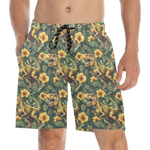 Trex dinosaurus zwembroek voor heren, tropisch groen Jurassic Dino halflange shorts achterzakken mesh linnen badpak met trekkoord grote maten