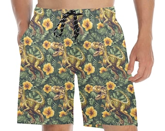 Trex Dinosaur Men Swim Trunks, Tropical Green Jurassic Dino Mid Length Shorts Back Pockets Mesh Linen Drawstring Bathing Suit Plus Size