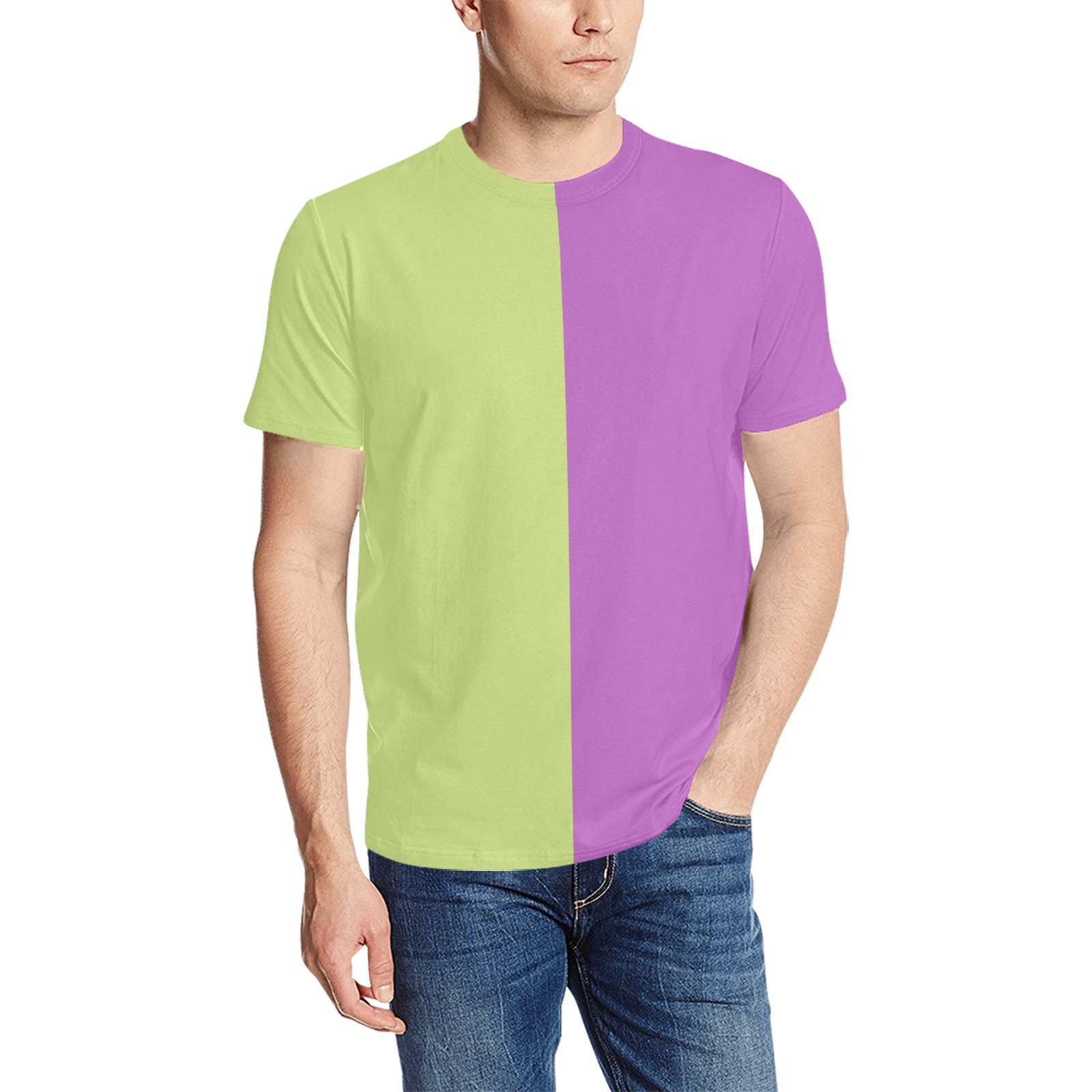 Tシャツ・カットソー GREEN PURPLE COTTON T-SHIRT Half Green Half Purple Tshirt, Color Block Split 2 Two Tone