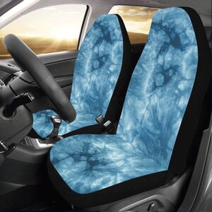 Tie Dye Car Seat Covers 2 pc, Blue Indigo Swirl Pattern Front Seat Covers, Hippie Car SUV Seat Protector Accessory