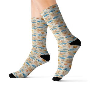 Beach Socks, Sand Sun Umbrellas Crew 3D Sublimation Women Men Designer Fun Novelty Cool Crazy Casual Cute Unique Dress