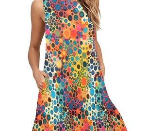 May include: A sleeveless, colorful, casual dress with a bright, abstract pattern of circles in shades of blue, orange, yellow, pink, and green.