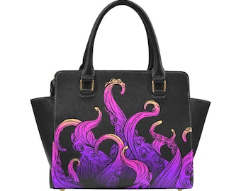 Octopus Tentacles Purse Handbag, Cute Ocean Marine High Grade Vegan Leather Designer Women Gift Satchel Top Zip Handle Bag Shoulder Strap