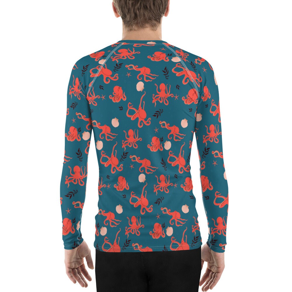 Octopus Rash Octopus Men Rash Guard, Ocean Sea Print Surf Long Sleeve Swim Shirt ...