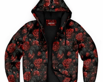 Red Roses Zip Up Fleece Lined Hoodie, Floral Flowers Sherpa Heavyweight Full Zipper Pocket Men Women Unisex Graphic Hooded Sweatshirt Jacket