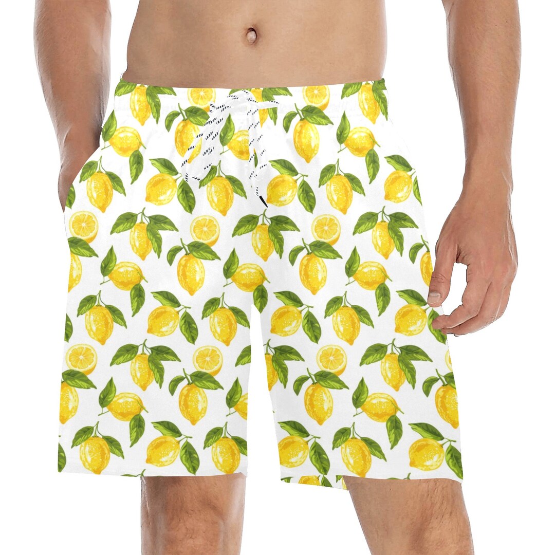 Maillot de bain homme citron, jaune blanc fruits d'été Short mi