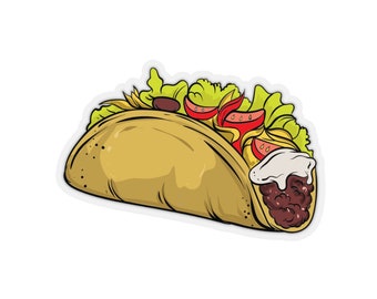 May include: A cartoon illustration of a taco filled with ground beef, lettuce, tomatoes, and sour cream.