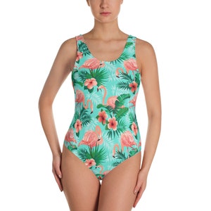 Flamingo Swimsuit, Green Pink Flower Tropical Print One Piece Bathing Suit for Women Cute Sexy Designer Swim Swimming Swimwear