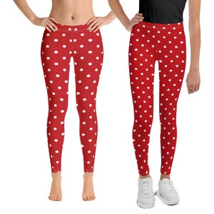 Red White Polka Dot Leggings, Christmas Mommy and Me Women Yoga Pants Print Cute Graphic Workout Running Fun Designer Kids Girls Matching