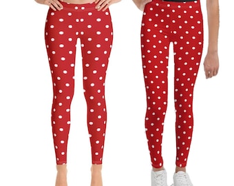 Red White Polka Dot Leggings, Christmas Mommy and Me Women Yoga Pants Print Cute Graphic Workout Running Fun Designer Kids Girls Matching