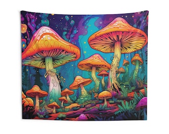 May include: A psychedelic tapestry featuring a vibrant array of colorful mushrooms in a forest setting. The mushrooms are various sizes and shapes, with bright orange, yellow, and red hues. The background is a dark blue with swirling patterns and stars.