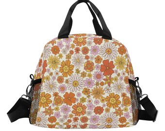 Retro Floral Insulated Lunch Box Bag, Groovy Vintage 70s Flowers Cute Food Container Adult Kids Women Teens Men Black School Work Handbag