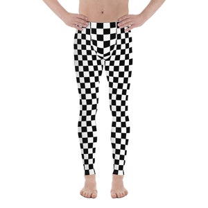 Karierte Herren Leggings, schwarz weiße Quadrate Karo gedruckt Yoga Sport Laufen Workout Festival Fitness Hose Strumpfhose