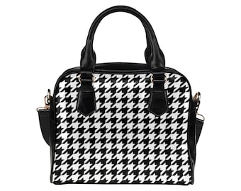 Houndstooth Purse Handbag with Shoulder Strap, Vintage Cute Black White Print Vegan Faux PU Leather Women Designer Handbag Bag