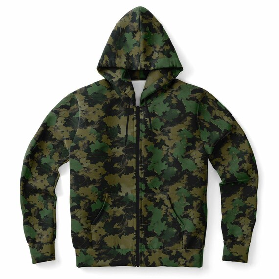 Green Camo Zip Up Hoodie, Realistic Camouflage Woodland Leaf Full Zipper  Pocket Men Women Unisex Adult Cotton Fleece Hooded Sweatshirt