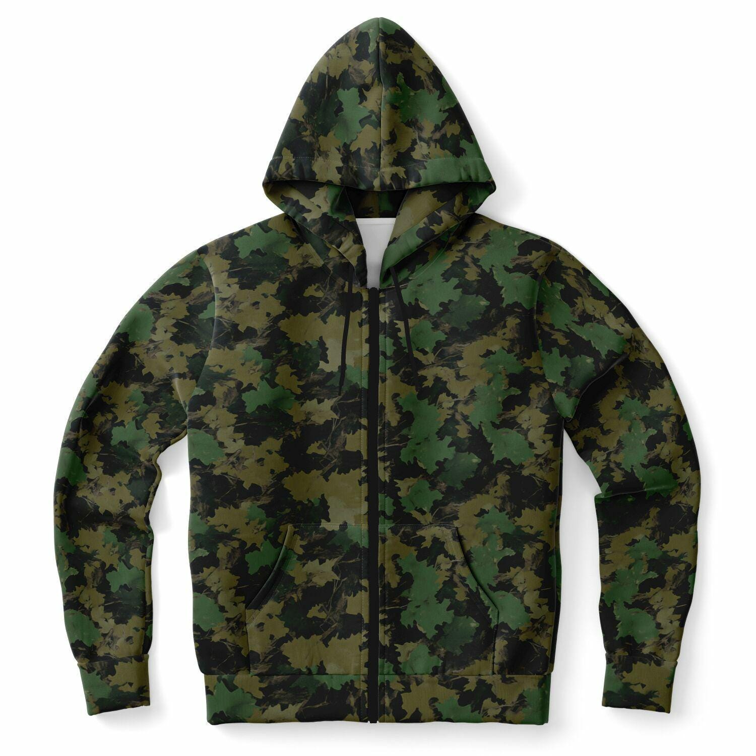 Green Camo Zip up Hoodie, Realistic Camouflage Woodland Leaf Full