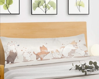 Cats Body Pillow Case, Cute Anime Kawaii Kittens Long Full Large Bed Accent Print Throw Decor Decorative Cover 20x54 Satin