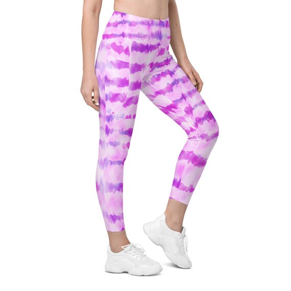 Pink Tie Dye Women Leggings Side Pockets, Printed Yoga Pants