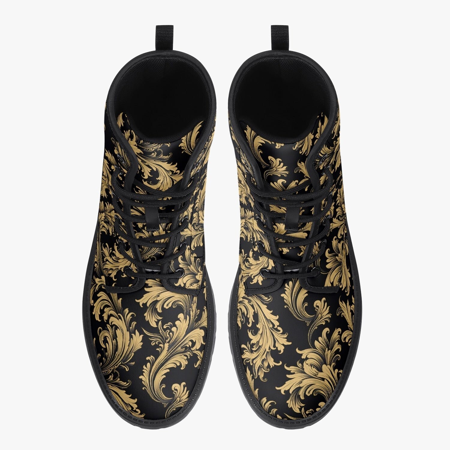 VICTIM&CO Boots Mens 5.5 Womens 7.5 Black Gold Leather Ankle Streetwear Designer Black Gold Baroque Leather Boots, Printed Lace up Shoes  main image 3