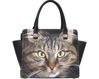 Cat Purse Handbag, Cute Kitten Animal Print High Grade Vegan Leather Designer Women Girl Gift Satchel Top Handle Bag with Shoulder Strap Zip