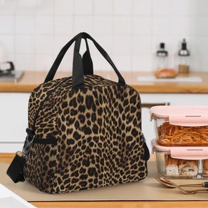 Leopard Insulated Lunch Box Bag, Animal Cheetah Brown Print Cute Food Container Adult Kids Women Teens Men Black School Work Handbag