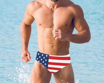 American Flag Men Swim Briefs, USA Patriotic Stars and Stripes Red White Blue 80s 4th of July Swimming Trunks Suit Swimsuit Bikini Swimwear