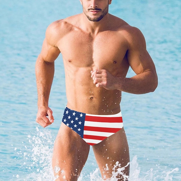 Amerikanische Flagge Männer Badehose, USA Patriotic Stars and Stripes Rot Weiß Blau 80er Jahre 4. Juli Badehose Anzug Badeanzug Bikini Bademode