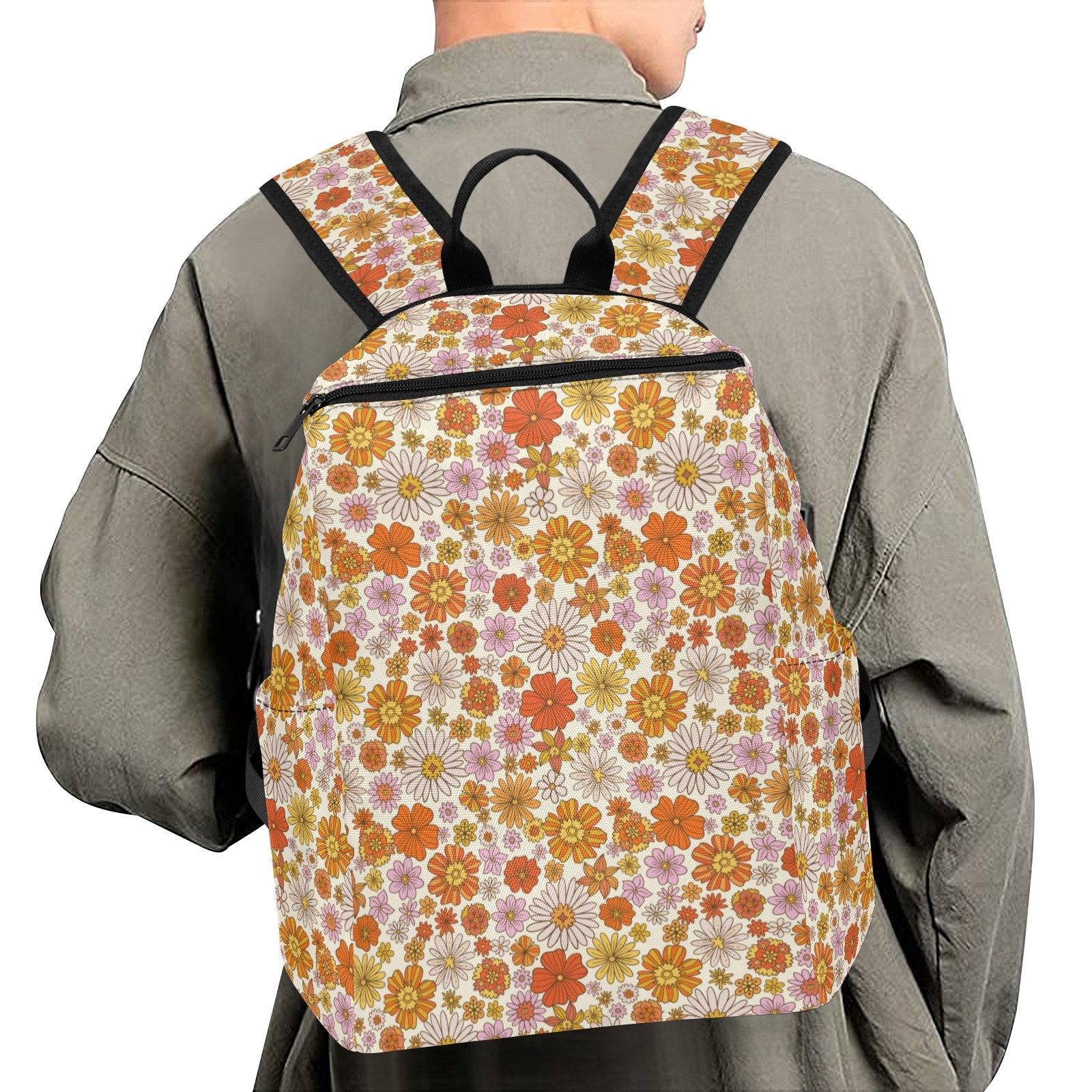 Pink Floral Backpack, Retro Vintage 70s Flowers Men Women Kids Gift Him ...