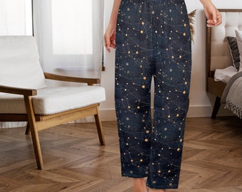 Constellation Women Pajamas Pants, Universe Space Galaxy Satin PJ Funny Pockets Trousers Couples Matching Ladies Trousers Bottoms