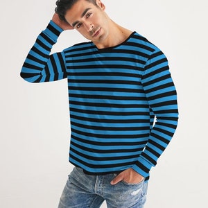 Blue Black Stripes Men Long Sleeve Tshirt, Striped Unisex Women Designer Graphic Aesthetic Crew Neck Tee